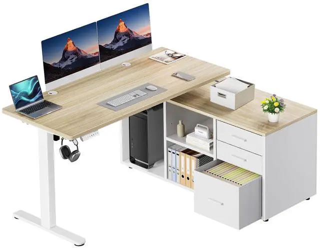 Main image of L Shaped Standing Desk, Electric Executive Desk with Drawers, Adjustable Height Stand Up Desk, 55 x 23.6 One-Whole Piece Desktop, Computer Desk with 4 Memory Presets, Light Walnut