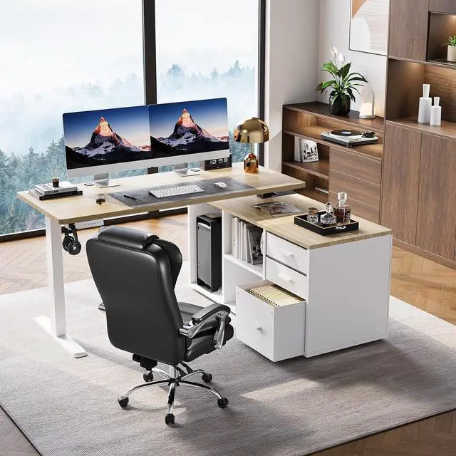 Alt view image 2 of 7 - L Shaped Standing Desk, Electric Executive Desk with Drawers, Adjustable Height Stand Up Desk, 55 x 23.6 One-Whole Piece Desktop, Computer Desk with 4 Memory Presets, Light Walnut
