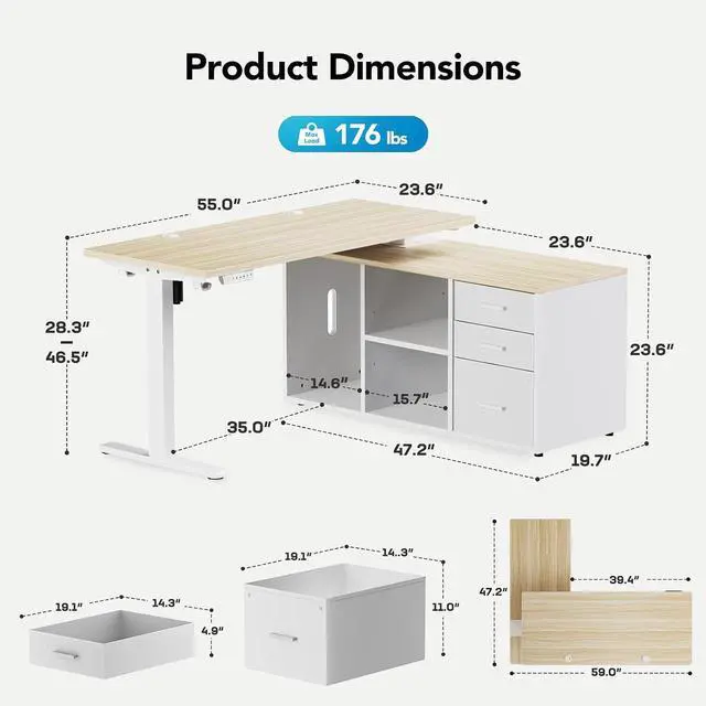 Alt view image 3 of 7 - L Shaped Standing Desk, Electric Executive Desk with Drawers, Adjustable Height Stand Up Desk, 55 x 23.6 One-Whole Piece Desktop, Computer Desk with 4 Memory Presets, Light Walnut