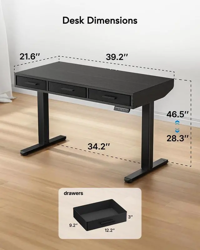 Alt view image 3 of 7 - Electric Standing Desk with Drawers, C-Clamp Mount Compatible, 40 x 22 Inch Height Adjustable Sit Stand Desk, Fabric Drawers, Home Office Stand Up Desk with 4 Custom Height Settings, Black