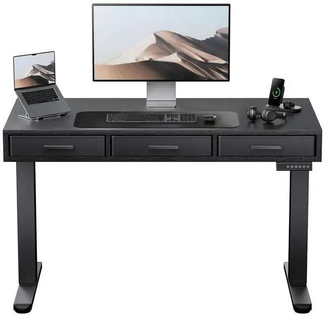 Main image of Electric Standing Desk with Drawers, C-Clamp Mount Compatible, 40 x 22 Inch Height Adjustable Sit Stand Desk, Fabric Drawers, Home Office Stand Up Desk with 4 Custom Height Settings, Black