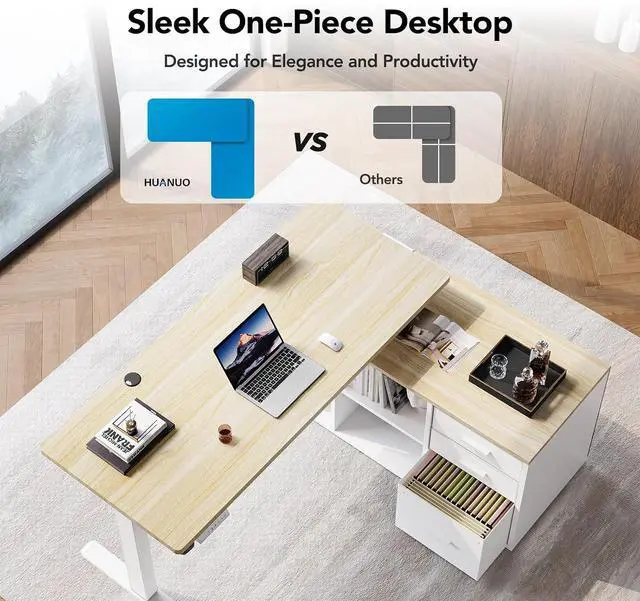 Alt view image 6 of 7 - L Shaped Standing Desk, Electric Executive Desk with Drawers, Adjustable Height Stand Up Desk, 55 x 23.6 One-Whole Piece Desktop, Computer Desk with 4 Memory Presets, Light Walnut