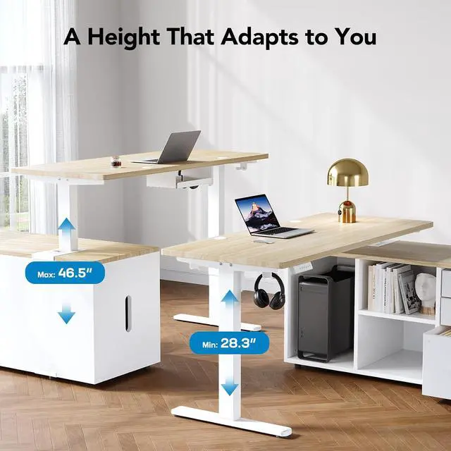 Alt view image 5 of 7 - L Shaped Standing Desk, Electric Executive Desk with Drawers, Adjustable Height Stand Up Desk, 55 x 23.6 One-Whole Piece Desktop, Computer Desk with 4 Memory Presets, Light Walnut