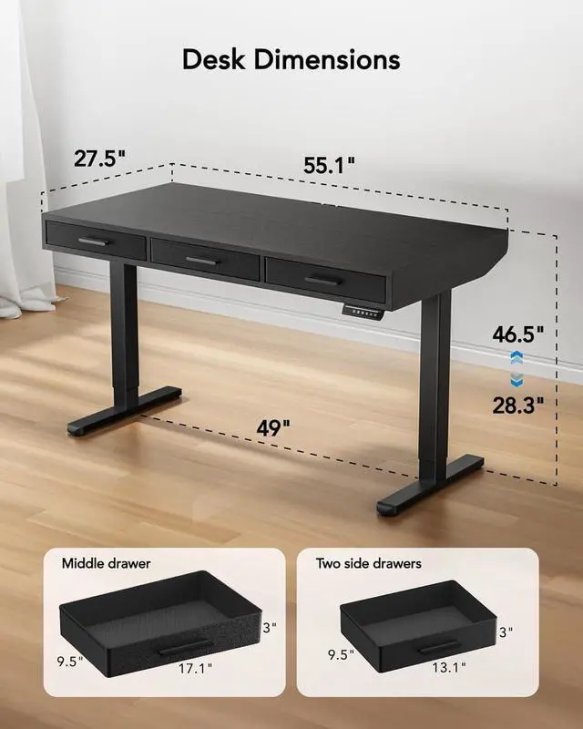 Alt view image 3 of 7 - Electric Standing Desk with Drawers, C-Clamp Mount Compatible, 55 x 28 Inch Height Adjustable Sit Stand Desk, Fabric Drawers, Home Office Stand Up Desk with 4 Custom Height Settings, Black