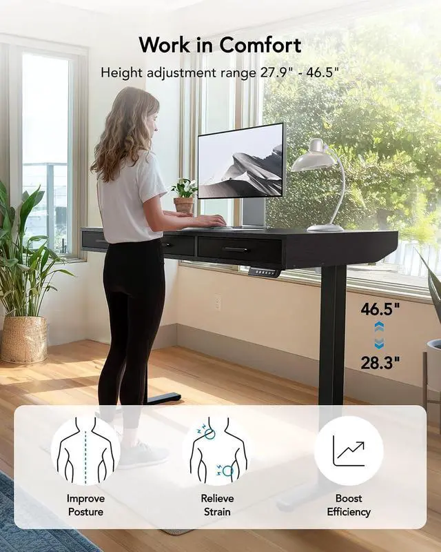 Alt view image 7 of 7 - Electric Standing Desk with Drawers, C-Clamp Mount Compatible, 55 x 28 Inch Height Adjustable Sit Stand Desk, Fabric Drawers, Home Office Stand Up Desk with 4 Custom Height Settings, Black