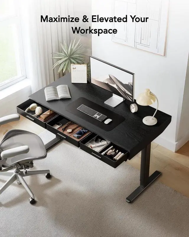 Alt view image 4 of 7 - Electric Standing Desk with Drawers, C-Clamp Mount Compatible, 40 x 22 Inch Height Adjustable Sit Stand Desk, Fabric Drawers, Home Office Stand Up Desk with 4 Custom Height Settings, Black
