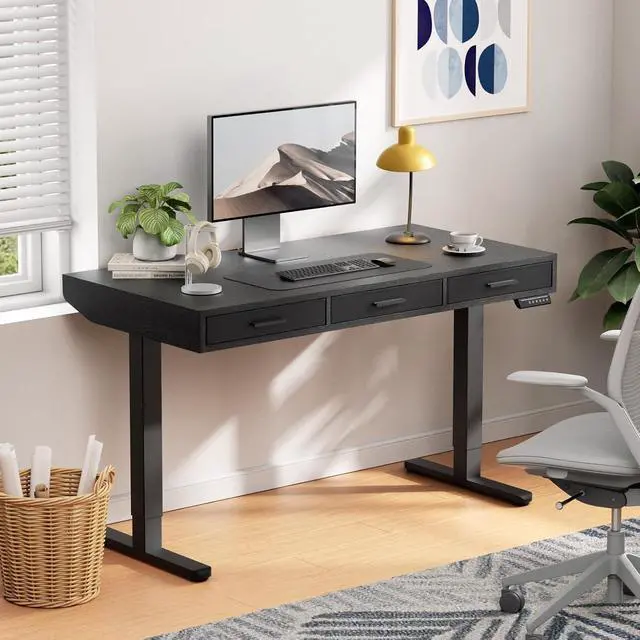 Alt view image 2 of 7 - Electric Standing Desk with Drawers, C-Clamp Mount Compatible, 48 x 24 Inch Height Adjustable Sit Stand Desk, Fabric Drawers, Home Office Stand Up Desk with 4 Custom Height Settings, Black
