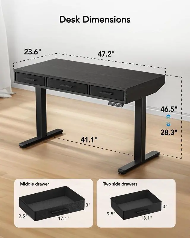 Alt view image 3 of 7 - Electric Standing Desk with Drawers, C-Clamp Mount Compatible, 48 x 24 Inch Height Adjustable Sit Stand Desk, Fabric Drawers, Home Office Stand Up Desk with 4 Custom Height Settings, Black