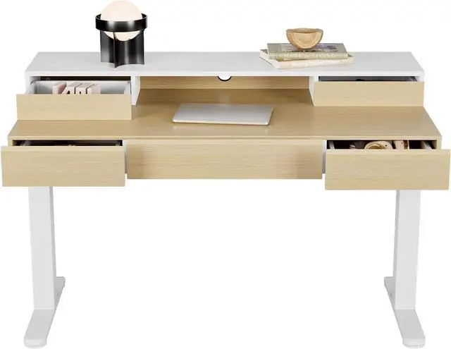 Main image of Standing Desk with Drawers, 48 Inches Electric Height Adjustable Desk with Storage, Whole-Piece Board Sit Stand Up Desk with Monitor Shelf, Light Walnut