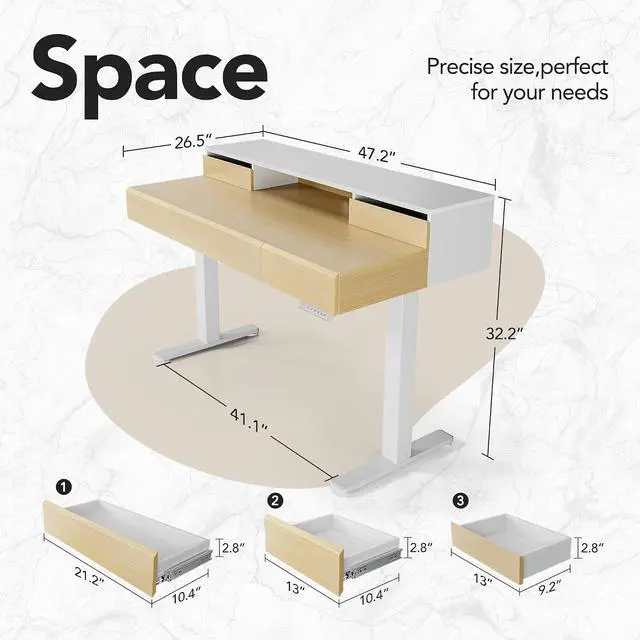 Alt view image 2 of 7 - Standing Desk with Drawers, 48 Inches Electric Height Adjustable Desk with Storage, Whole-Piece Board Sit Stand Up Desk with Monitor Shelf, Light Walnut