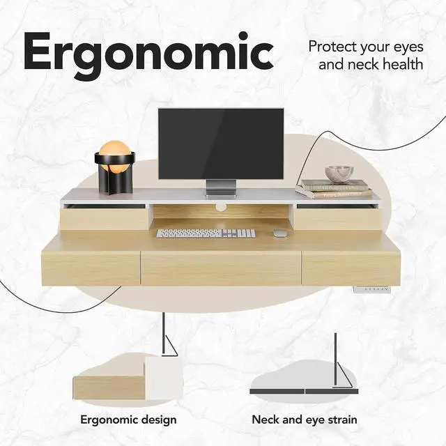 Alt view image 5 of 7 - Standing Desk with Drawers, 48 Inches Electric Height Adjustable Desk with Storage, Whole-Piece Board Sit Stand Up Desk with Monitor Shelf, Light Walnut