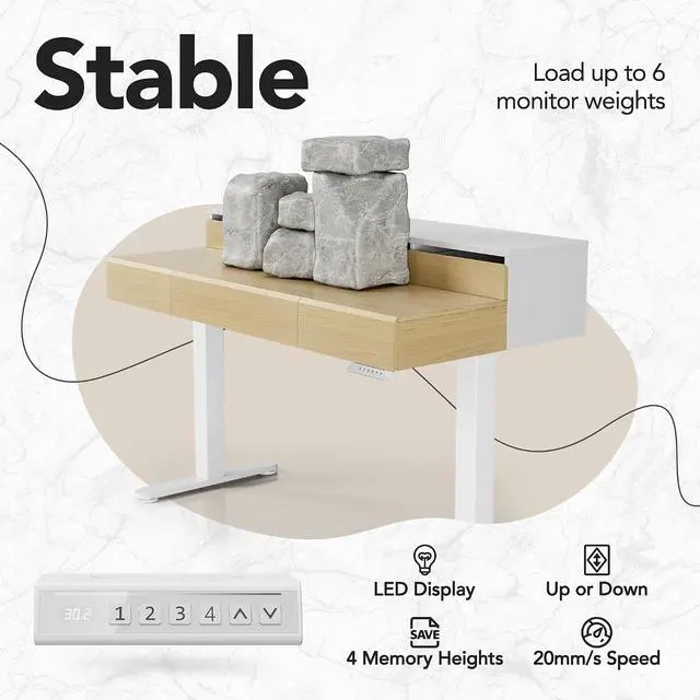 Alt view image 6 of 7 - Standing Desk with Drawers, 48 Inches Electric Height Adjustable Desk with Storage, Whole-Piece Board Sit Stand Up Desk with Monitor Shelf, Light Walnut
