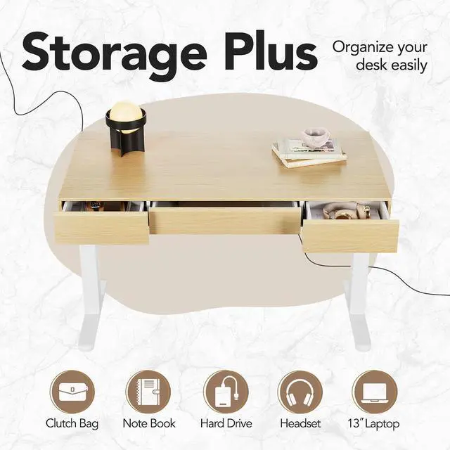 Alt view image 4 of 7 - 48 Inch Standing Desk with Drawers, Electric Adjustable Height Stand Up Desk with Storage, Whole-Piece Board Computer Workstation for Home Office, Light Walnut