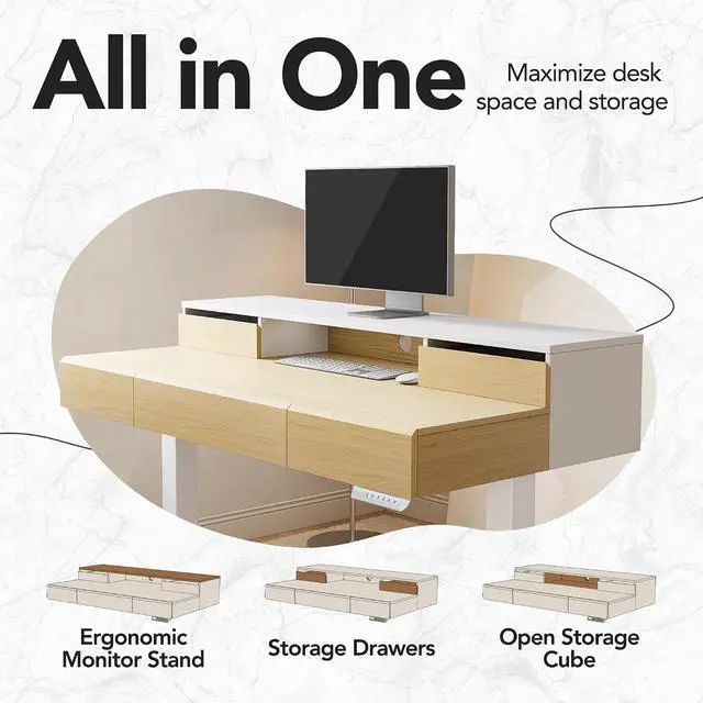 Alt view image 7 of 7 - Standing Desk with Drawers, 48 Inches Electric Height Adjustable Desk with Storage, Whole-Piece Board Sit Stand Up Desk with Monitor Shelf, Light Walnut