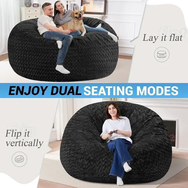 Alt view image 4 of 7 - 6FT Bean Bag Chair,Giant Bean Bag Chairs for Adults,Big Bean Bags with Memory Foam Filled, Large Beanbag Chairs with Chevron Plush Cover-Black
