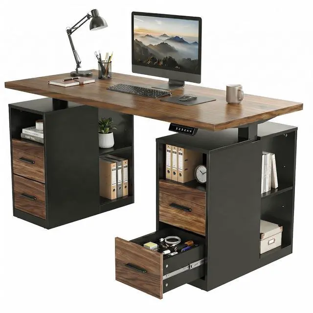 Main image of 55" Standing Desk with Drawers, Executive Electric Height Adjustable Stand Up Desk with Storage, Black Walnut