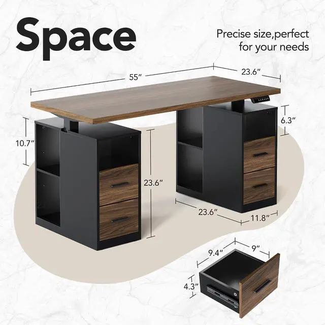 Alt view image 2 of 7 - 55" Standing Desk with Drawers, Executive Electric Height Adjustable Stand Up Desk with Storage, Black Walnut