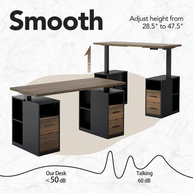 Alt view image 3 of 7 - 55" Standing Desk with Drawers, Executive Electric Height Adjustable Stand Up Desk with Storage, Black Walnut