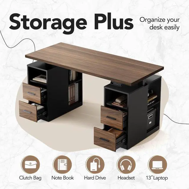 Alt view image 4 of 7 - 55" Standing Desk with Drawers, Executive Electric Height Adjustable Stand Up Desk with Storage, Black Walnut