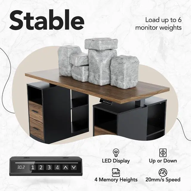 Alt view image 5 of 7 - 55" Standing Desk with Drawers, Executive Electric Height Adjustable Stand Up Desk with Storage, Black Walnut