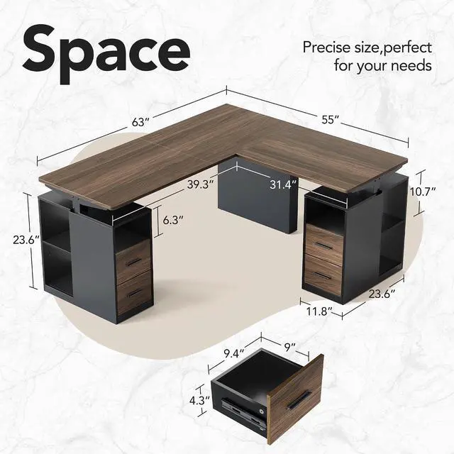 Alt view image 2 of 7 - 63 Inch L Shaped Standing Desk, Electric Executive Height Adjustable Desk with Storage Drawers, Reversible Design Computer Workstation for Home Office, Black Walnut