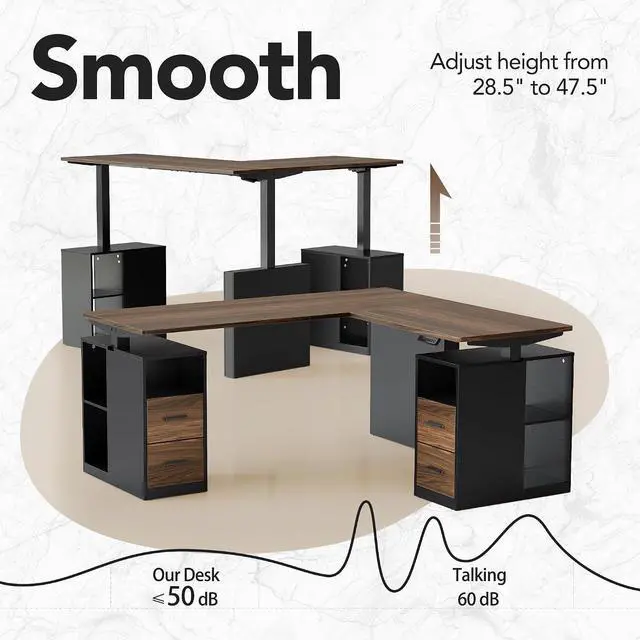 Alt view image 3 of 7 - 63 Inch L Shaped Standing Desk, Electric Executive Height Adjustable Desk with Storage Drawers, Reversible Design Computer Workstation for Home Office, Black Walnut