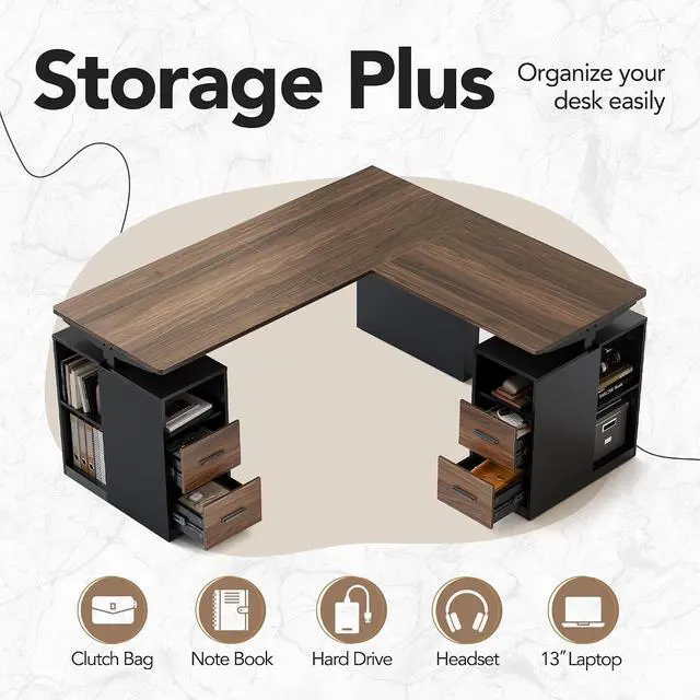 Alt view image 4 of 7 - 63 Inch L Shaped Standing Desk, Electric Executive Height Adjustable Desk with Storage Drawers, Reversible Design Computer Workstation for Home Office, Black Walnut