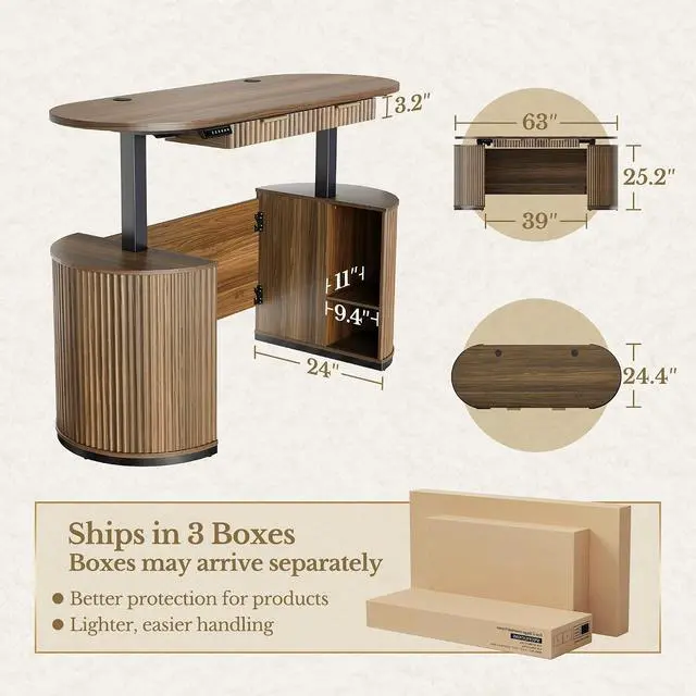 Alt view image 2 of 7 - Electric Standing Desk with Storage Drawers, 63'' Executive Height Adjustable Desk with Privacy Panel and Shelves, Wood Fluted Computer Desk for Home Office, Black Walnut