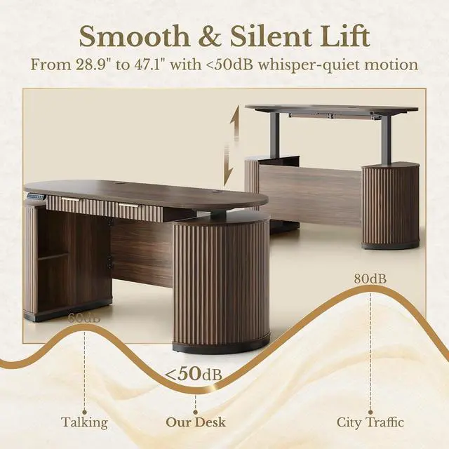 Alt view image 4 of 7 - Electric Standing Desk with Storage Drawers, 63'' Executive Height Adjustable Desk with Privacy Panel and Shelves, Wood Fluted Computer Desk for Home Office, Black Walnut