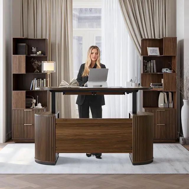 Alt view image 3 of 7 - Electric Standing Desk with Storage Drawers, 63'' Executive Height Adjustable Desk with Privacy Panel and Shelves, Wood Fluted Computer Desk for Home Office, Black Walnut