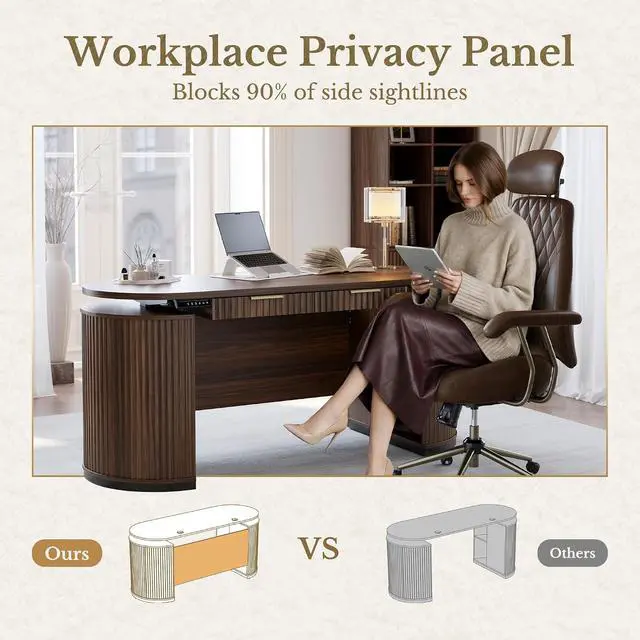 Alt view image 5 of 7 - Electric Standing Desk with Storage Drawers, 63'' Executive Height Adjustable Desk with Privacy Panel and Shelves, Wood Fluted Computer Desk for Home Office, Black Walnut