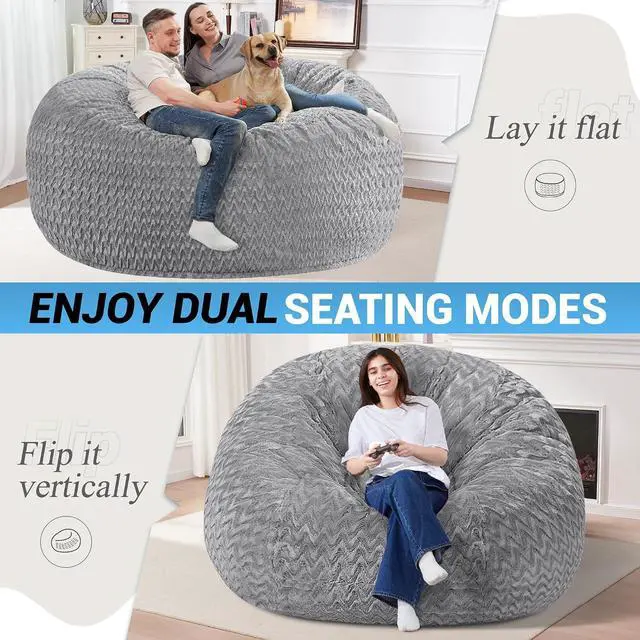 Alt view image 3 of 7 - 6FT Bean Bag Chair,Giant Bean Bag Chairs for Adults,Big Bean Bags with Memory Foam Filled, Large Beanbag Chairs with Chevron Plush Cover-Grey