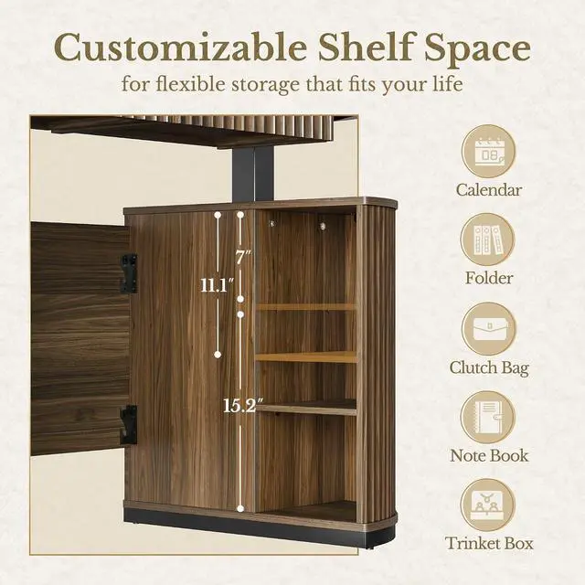Alt view image 7 of 7 - Electric Standing Desk with Storage Drawers, 63'' Executive Height Adjustable Desk with Privacy Panel and Shelves, Wood Fluted Computer Desk for Home Office, Black Walnut