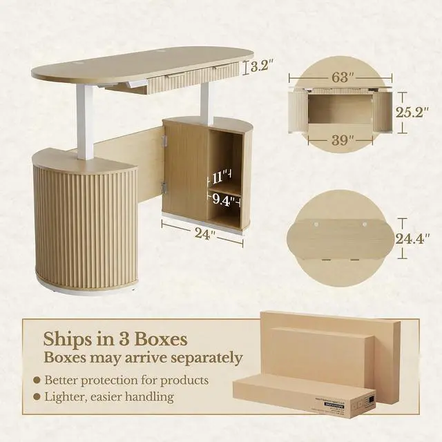 Alt view image 2 of 7 - Electric Standing Desk with Storage Drawers, 63'' Executive Height Adjustable Desk with Privacy Panel and Shelves, Wood Fluted Computer Desk for Home Office, Light Walnut