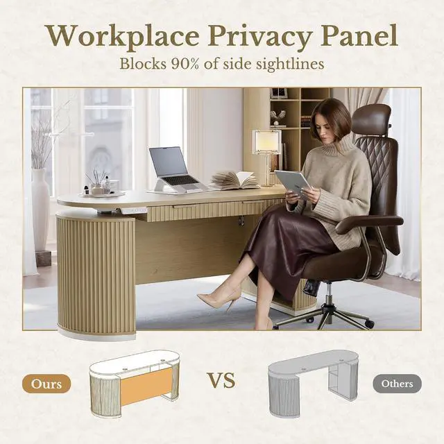 Alt view image 4 of 7 - Electric Standing Desk with Storage Drawers, 63'' Executive Height Adjustable Desk with Privacy Panel and Shelves, Wood Fluted Computer Desk for Home Office, Light Walnut