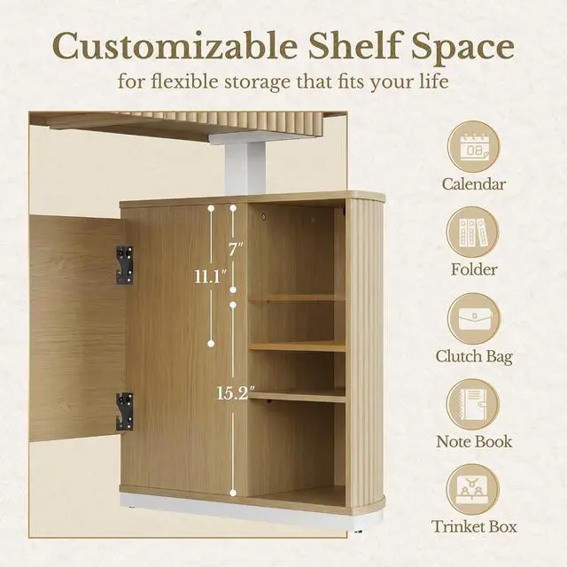 Alt view image 6 of 7 - Electric Standing Desk with Storage Drawers, 63'' Executive Height Adjustable Desk with Privacy Panel and Shelves, Wood Fluted Computer Desk for Home Office, Light Walnut
