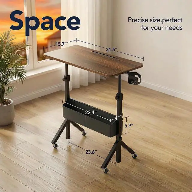 Alt view image 2 of 7 - Mobile Standing Desk with Wheels and Storage Basket, Height Adjustable 28.7"-46.1" Rolling Desk for Walking Pad, Small Space Laptop Computer Workstation for Home Office