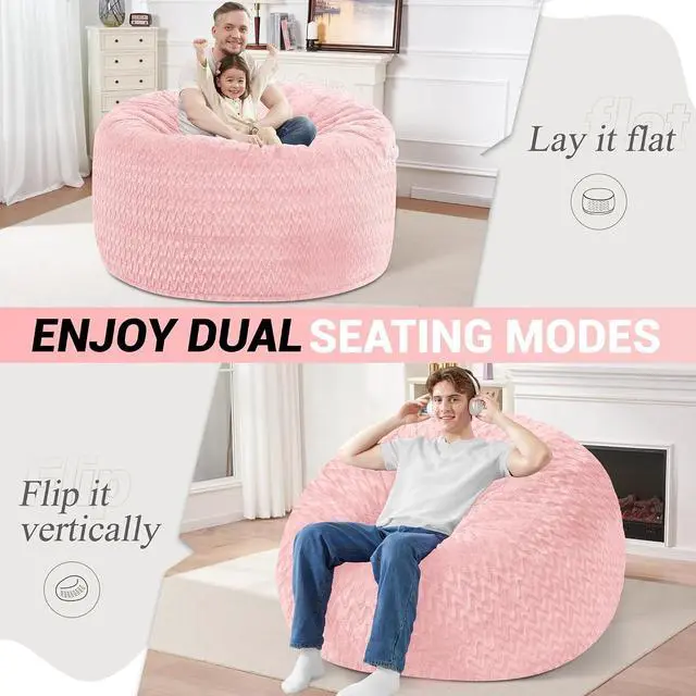 Alt view image 2 of 7 - 4FT Bean Bag Chair,Giant Bean Bag Chairs for Adults,Big Bean Bags with Memory Foam Filled, Large Beanbag Chairs with Chevron Plush Cover-Soft Pink