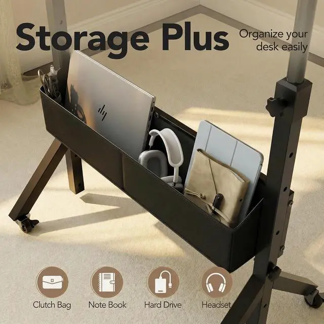 Alt view image 5 of 7 - Mobile Standing Desk with Wheels and Storage Basket, Height Adjustable 28.7"-46.1" Rolling Desk for Walking Pad, Small Space Laptop Computer Workstation for Home Office