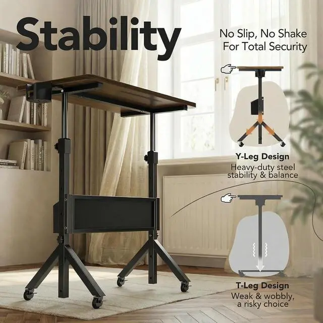 Alt view image 6 of 7 - Mobile Standing Desk with Wheels and Storage Basket, Height Adjustable 28.7"-46.1" Rolling Desk for Walking Pad, Small Space Laptop Computer Workstation for Home Office