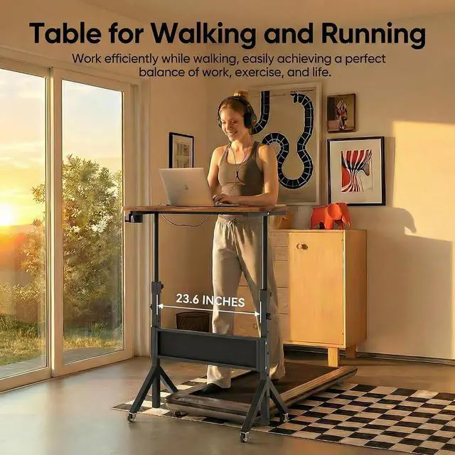 Alt view image 3 of 7 - Mobile Standing Desk with Wheels and Storage Basket, Height Adjustable 28.7"-46.1" Rolling Desk for Walking Pad, Small Space Laptop Computer Workstation for Home Office