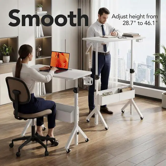 Alt view image 5 of 7 - Mobile Standing Desk with Wheels and Storage Basket, Height Adjustable 28.7"-46.1" Rolling Desk for Walking Pad, Small Space Laptop Computer Workstation for Home Office,White