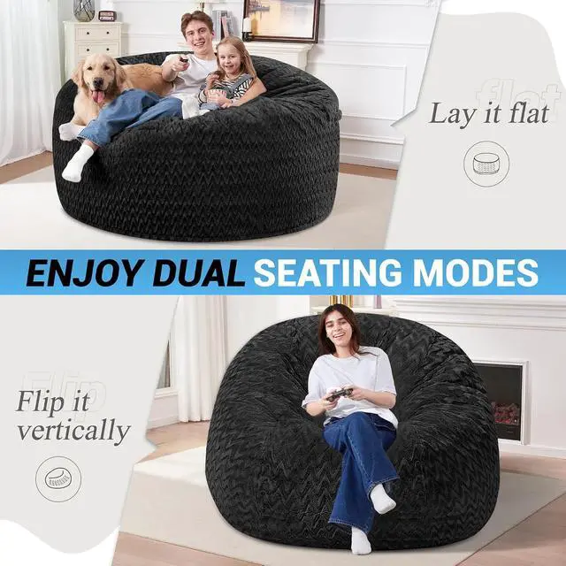 Alt view image 4 of 7 - 5FT Bean Bag Chair,Giant Bean Bag Chairs for Adults,Big Bean Bags with Memory Foam Filled, Large Beanbag Chairs with Chevron Plush Cover-Black
