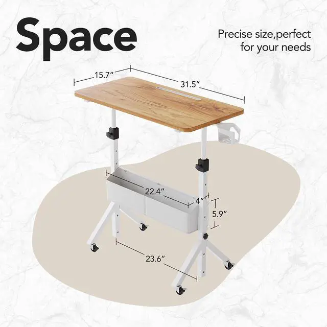 Alt view image 3 of 7 - Portable Standing Desk Adjustable Height, Mobile Stand Up Desk for Walking Pad and Treadmill, Rolling Computer Table with Wheels, 31.5"x15.75" Height 28.7"-46.1", Light Rustic