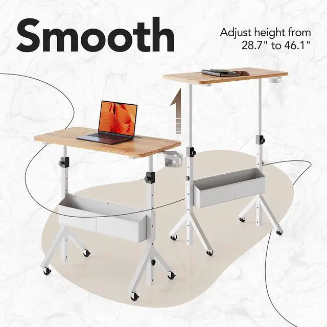 Alt view image 4 of 7 - Portable Standing Desk Adjustable Height, Mobile Stand Up Desk for Walking Pad and Treadmill, Rolling Computer Table with Wheels, 31.5"x15.75" Height 28.7"-46.1", Light Rustic