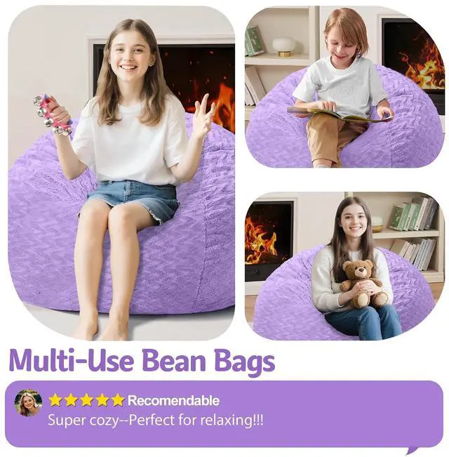 Alt view image 6 of 7 - 2FT Bean Bag Chair,Giant Bean Bag Chairs for Adults,Big Bean Bags with Memory Foam Filled, Large Beanbag Chairs with Chevron Plush Cover-Purple