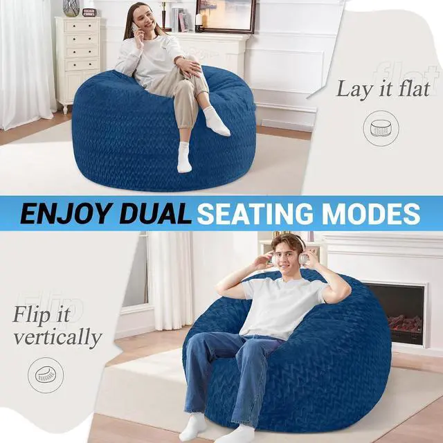 Alt view image 3 of 7 - 3FT Bean Bag Chair,Giant Bean Bag Chairs for Adults,Big Bean Bags with Memory Foam Filled, Large Beanbag Chairs with Chevron Plush Cover-Blue