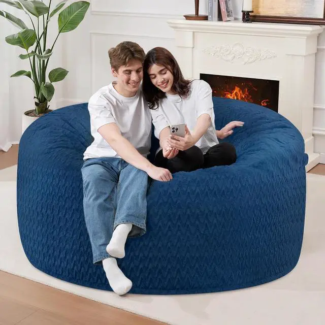 Alt view image 5 of 7 - 3FT Bean Bag Chair,Giant Bean Bag Chairs for Adults,Big Bean Bags with Memory Foam Filled, Large Beanbag Chairs with Chevron Plush Cover-Blue