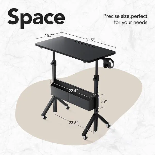 Alt view image 3 of 7 - Portable Standing Desk Adjustable Height, Mobile Stand Up Desk for Walking Pad and Treadmill, Rolling Computer Table with Wheels, 31.5"x15.75" Height 28.7"-46.1", Black