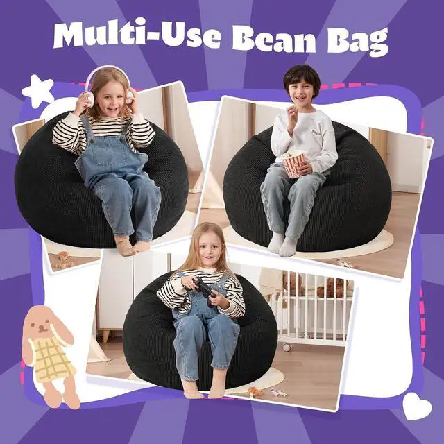 Alt view image 4 of 7 - 2FT Bean Bag Chair,Giant Bean Bag Chairs for Teens Adults,Big Bean Bags with Memory Foam Filled, Large Beanbag Chairs with Soft Corduroy Cover-Black